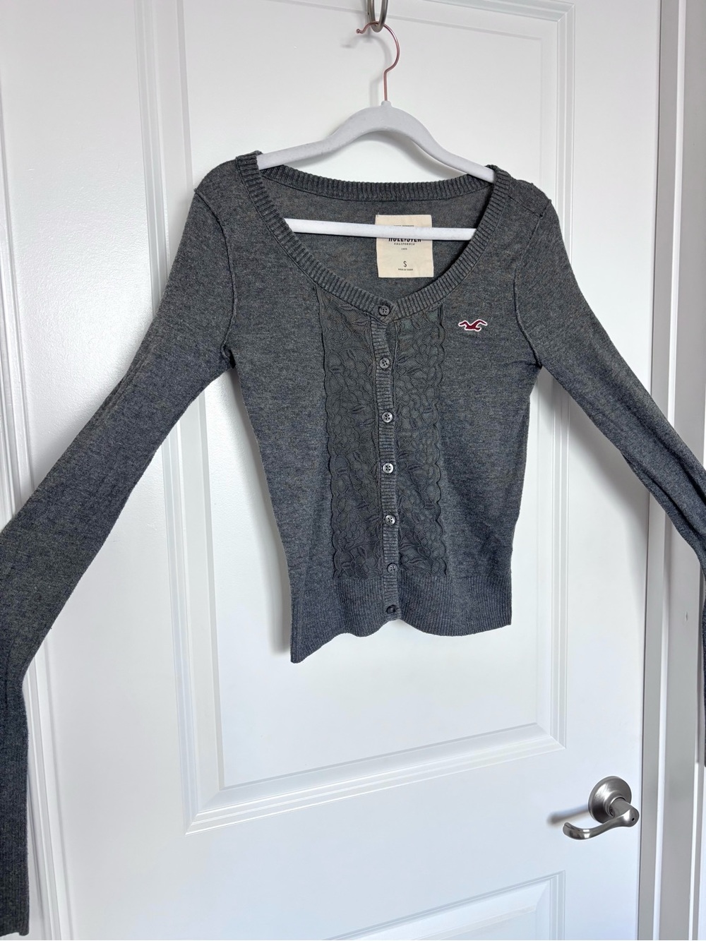 Y2K Vintage Hollister Gray Button Cardigan Sweater Cropped Preppy Coastal